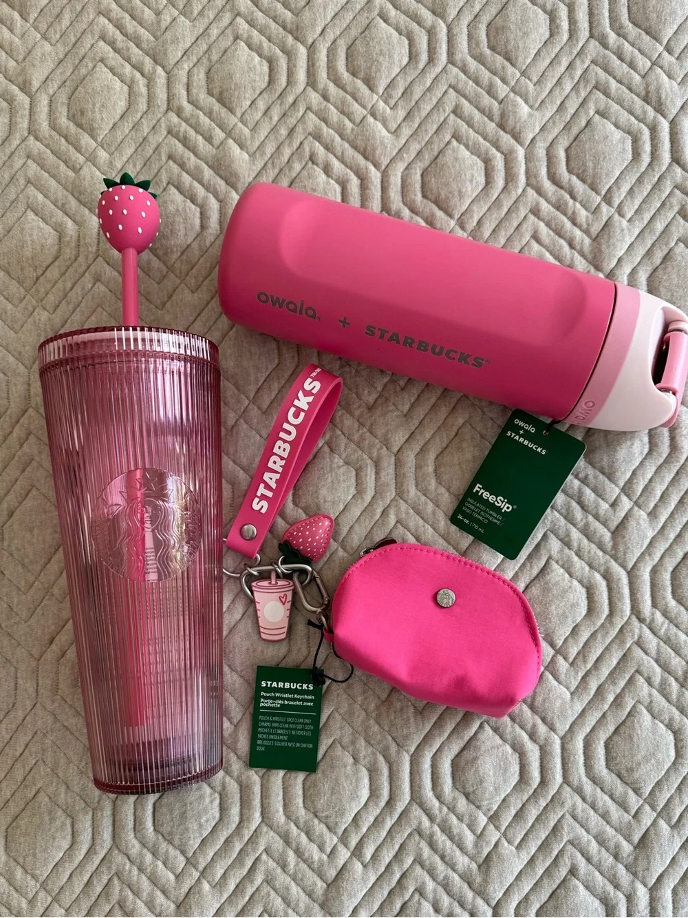 Starbucks Limited Edition Pink Collection, Owala, Strawberry Tumblr & Wristlet